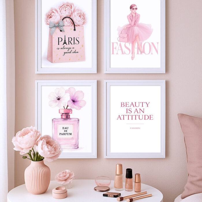 Fashion in Pink Wandbilder 4er Set Bilder Premium Poster Wanddekoration