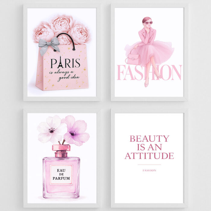 Fashion in Pink Wandbilder 4er Set Bilder Premium Poster Wanddekoration