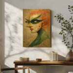 Frau Maske Surreal Leinwandbild Abstrakt Grüne Maske Rote Haare Einzigartig