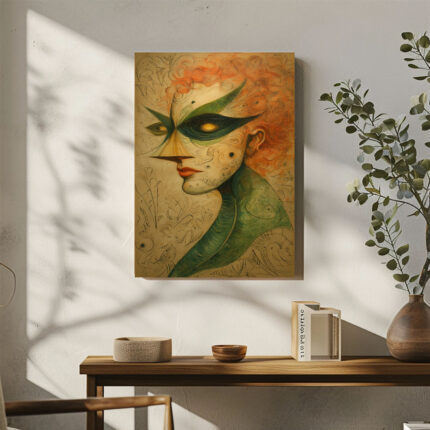 Frau Maske Surreal Leinwandbild Abstrakt Grüne Maske Rote Haare Einzigartig