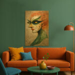 Frau Maske Surreal Leinwandbild Abstrakt Grüne Maske Rote Haare Einzigartig