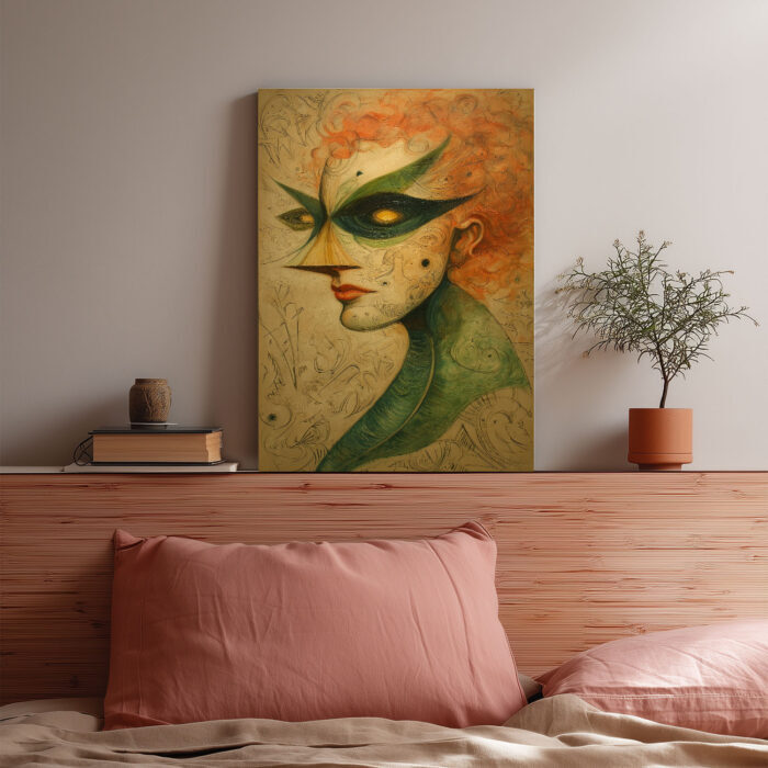 Frau Maske Surreal Leinwandbild Abstrakt Grüne Maske Rote Haare Einzigartig