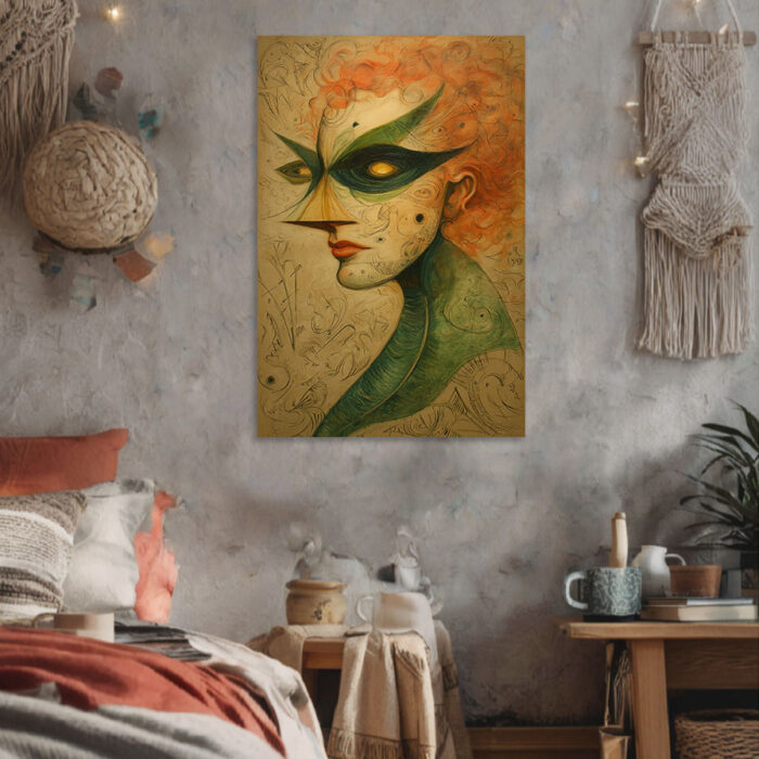 Frau Maske Surreal Leinwandbild Abstrakt Grüne Maske Rote Haare Einzigartig