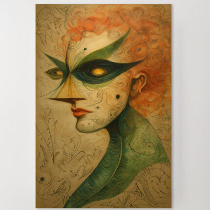 Frau Maske Surreal Leinwandbild Abstrakt Grüne Maske Rote Haare Einzigartig