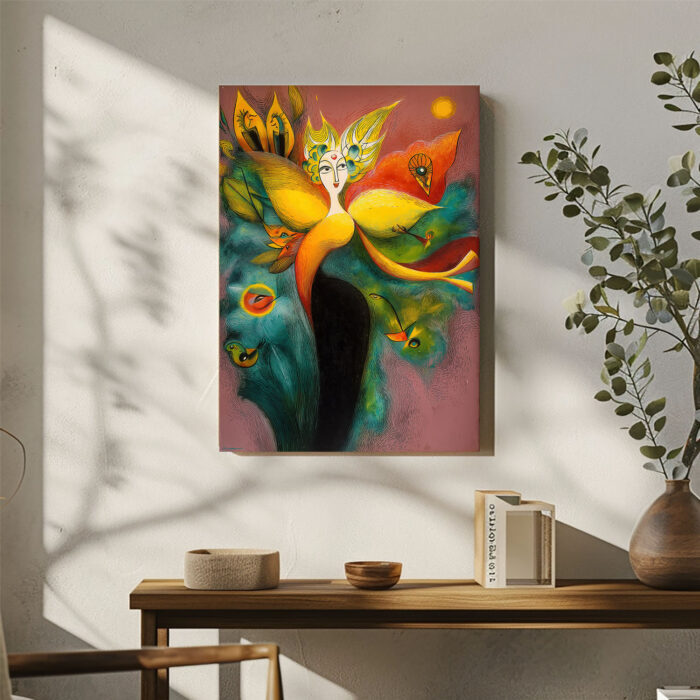 Surrealistische Göttin Leinwandbild im Stil von Clara Ledesma Vogel Abstrakt Mythisch