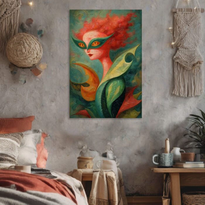 Surrealistische Frau Maske im Stil von Remedios Varo Leinwandbild Rote Haare Fantasie