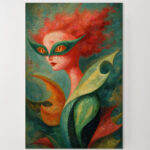 Surrealistische Frau Maske im Stil von Remedios Varo Leinwandbild Rote Haare Fantasie