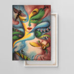 Surrealismus Leinwandbild im Stil von Ricardo Chavez Mendez Abstrakte Frau Insektenaugen Farbenfroh