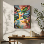 Surrealismus Leinwandbild im Stil von Ricardo Chavez Mendez Abstrakte Frau Insektenaugen Farbenfroh