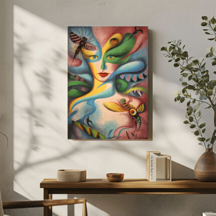 Surrealismus Leinwandbild im Stil von Ricardo Chavez Mendez Abstrakte Frau Insektenaugen Farbenfroh