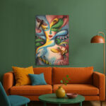 Surrealismus Leinwandbild im Stil von Ricardo Chavez Mendez Abstrakte Frau Insektenaugen Farbenfroh