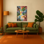 Surrealismus Leinwandbild im Stil von Ricardo Chavez Mendez Abstrakte Frau Insektenaugen Farbenfroh