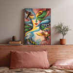 Surrealismus Leinwandbild im Stil von Ricardo Chavez Mendez Abstrakte Frau Insektenaugen Farbenfroh