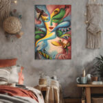 Surrealismus Leinwandbild im Stil von Ricardo Chavez Mendez Abstrakte Frau Insektenaugen Farbenfroh