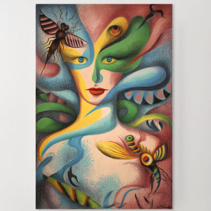 Surrealismus Leinwandbild im Stil von Ricardo Chavez Mendez Abstrakte Frau Insektenaugen Farbenfroh