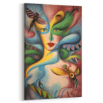 Surrealismus Leinwandbild im Stil von Ricardo Chavez Mendez Abstrakte Frau Insektenaugen Farbenfroh