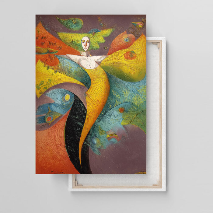 Abstrakte Figur Leinwandbild im Stil von Rafail Aliyev Farbenfroh Flügel Surrealistisch Wandkunst