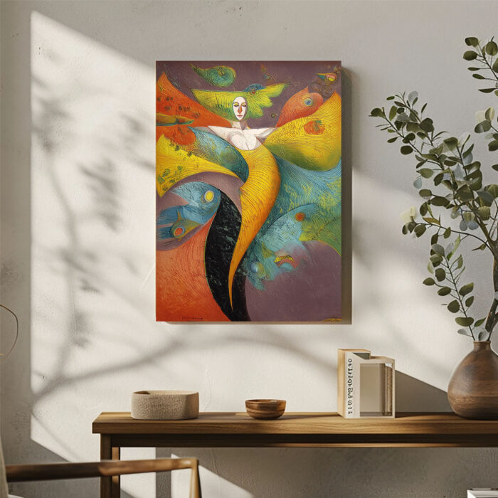 Abstrakte Figur Leinwandbild im Stil von Rafail Aliyev Farbenfroh Flügel Surrealistisch Wandkunst