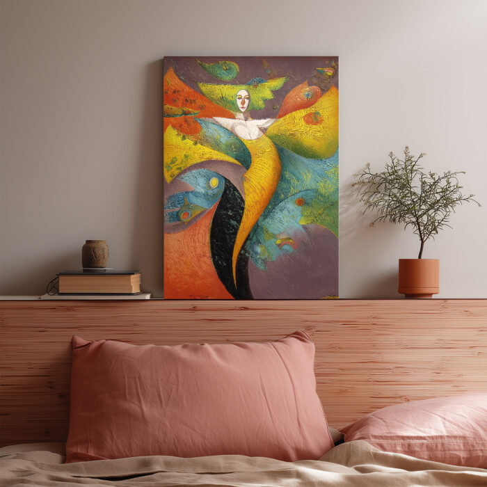 Abstrakte Figur Leinwandbild im Stil von Rafail Aliyev Farbenfroh Flügel Surrealistisch Wandkunst