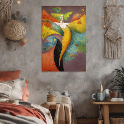 Abstrakte Figur Leinwandbild im Stil von Rafail Aliyev Farbenfroh Flügel Surrealistisch Wandkunst