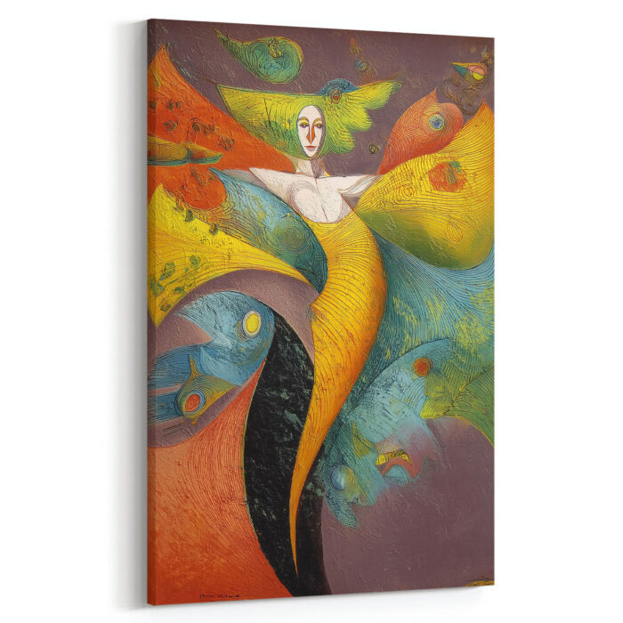 Abstrakte Figur Leinwandbild im Stil von Rafail Aliyev Farbenfroh Flügel Surrealistisch Wandkunst