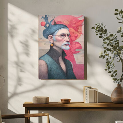 Leinwandbild Porträt Mann mit Bart moderne Kunst Pink Blau Gold Details