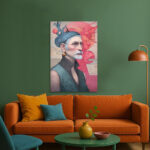 Leinwandbild Porträt Mann mit Bart moderne Kunst Pink Blau Gold Details