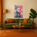 Leinwandbild Porträt Mann mit Bart moderne Kunst Pink Blau Gold Details