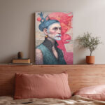 Leinwandbild Porträt Mann mit Bart moderne Kunst Pink Blau Gold Details