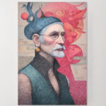 Leinwandbild Porträt Mann mit Bart moderne Kunst Pink Blau Gold Details