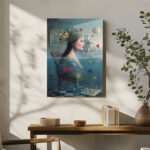 Frau im Wasser Märchenschloss Surreales Leinwandbild Blumenkrone Schach