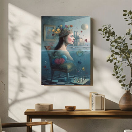 Frau im Wasser Märchenschloss Surreales Leinwandbild Blumenkrone Schach