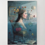 Frau im Wasser Märchenschloss Surreales Leinwandbild Blumenkrone Schach
