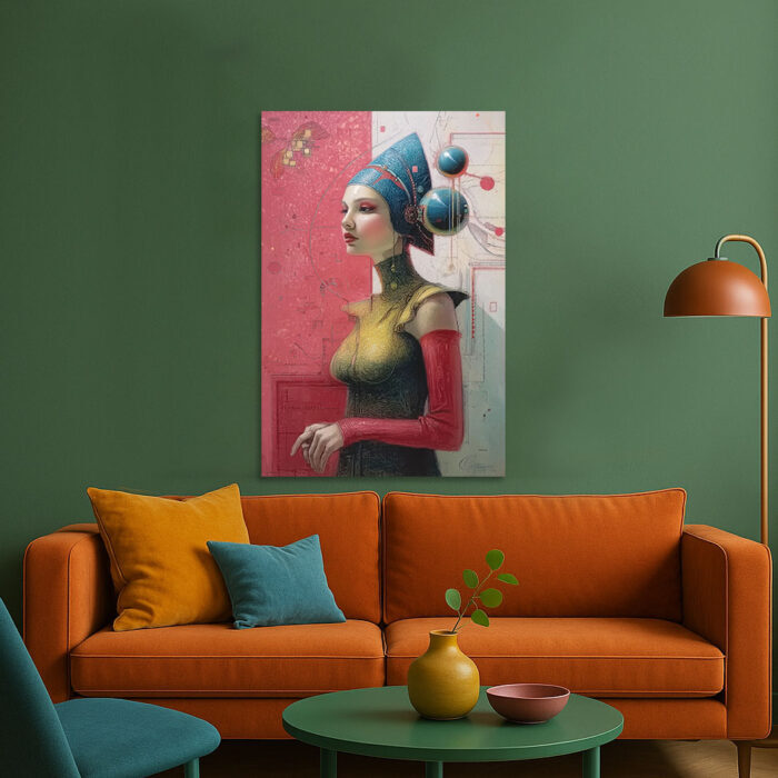Futuristisches Porträt Frau Pharaonenhut Leinwandbild Goldene Rüstung Sci-Fi Kunst