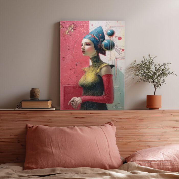 Futuristisches Porträt Frau Pharaonenhut Leinwandbild Goldene Rüstung Sci-Fi Kunst