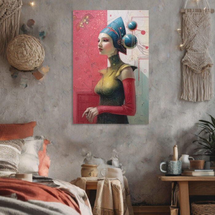 Futuristisches Porträt Frau Pharaonenhut Leinwandbild Goldene Rüstung Sci-Fi Kunst