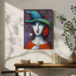 Abstraktes Leinwandbild Frau mit Hut rote Haare bunte Streifen Kunst