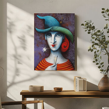 Abstraktes Leinwandbild Frau mit Hut rote Haare bunte Streifen Kunst