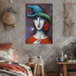 Abstraktes Leinwandbild Frau mit Hut rote Haare bunte Streifen Kunst