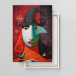 Kubistisches Leinwandbild Hexe mit Vogel Rote Grüne Details Kunst