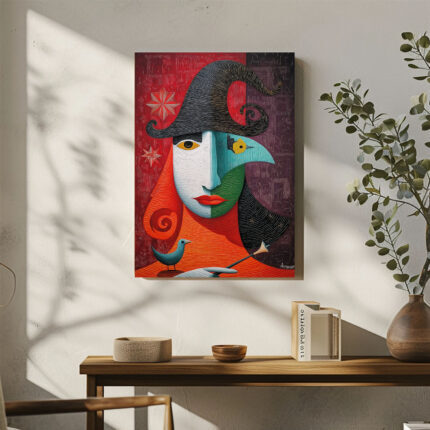 Kubistisches Leinwandbild Hexe mit Vogel Rote Grüne Details Kunst