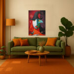 Kubistisches Leinwandbild Hexe mit Vogel Rote Grüne Details Kunst