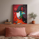 Kubistisches Leinwandbild Hexe mit Vogel Rote Grüne Details Kunst