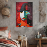 Kubistisches Leinwandbild Hexe mit Vogel Rote Grüne Details Kunst