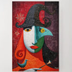 Kubistisches Leinwandbild Hexe mit Vogel Rote Grüne Details Kunst