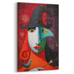Kubistisches Leinwandbild Hexe mit Vogel Rote Grüne Details Kunst