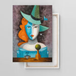 Abstraktes Leinwandbild Kubismus Frau Hut Blaue Orange Kunst