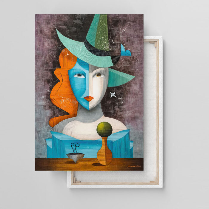 Abstraktes Leinwandbild Kubismus Frau Hut Blaue Orange Kunst