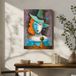 Abstraktes Leinwandbild Kubismus Frau Hut Blaue Orange Kunst