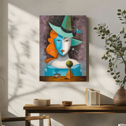 Abstraktes Leinwandbild Kubismus Frau Hut Blaue Orange Kunst